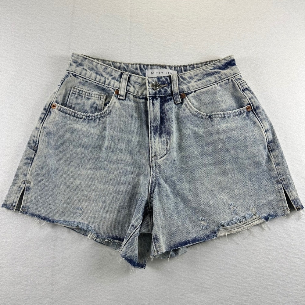 Witty‎ Fox Womens High Rise Acid Wash Distressed Denim Shorts Blue Size 1/25